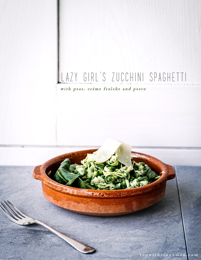 Lazy Girl's Zucchini Spaghetti [no fancy tools required!] with Peas, Crème Fraîche and Pesto