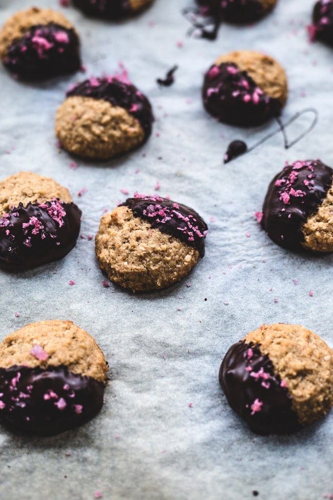 Chocolate-Dipped Peanut Butter Cookies with Pomegranate Salt {GF}