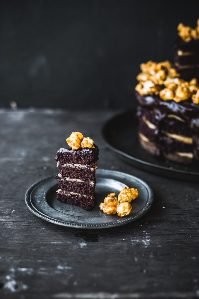 Double Chocolate-Peanut Butter Layer Cake with Caramel Popcorn